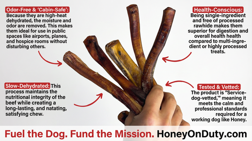 HoneyOnDuty Provisions beef chews product features infographic - odor-free cabin-safe, health-conscious single ingredient, slow dehydrated, and service dog tested and vetted premium dog treats
