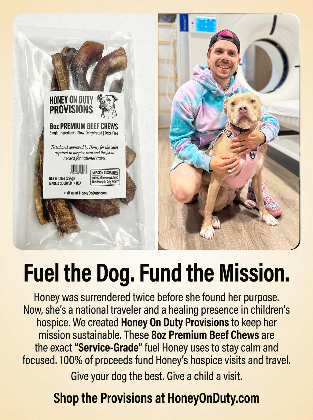 Honey On Duty Provisions promotional image - handler Stefan with service dog Honey and premium beef chews packaging, Fuel the Dog Fund the Mission brand story