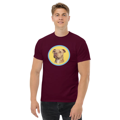 HoneyOnDuty Hi Frens Unisex Classic Tee in Maroon - Front view featuring Honey the service dog illustration on premium cotton t-shirt