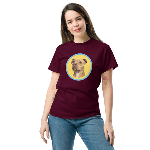 HoneyOnDuty Hi Frens Unisex Classic Tee in Maroon - Women's front view with Honey the service dog design on cotton tee